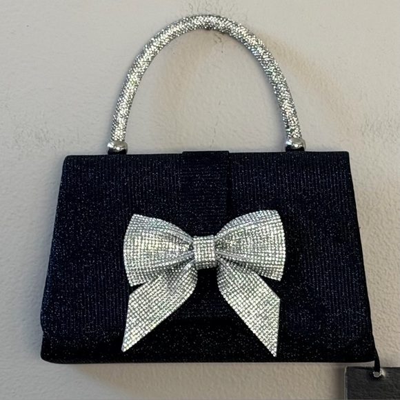 Sincerely Jules Black Evening Bag with Rhinestone Bow & Handle, Silver Clutch - Picture 5 of 11